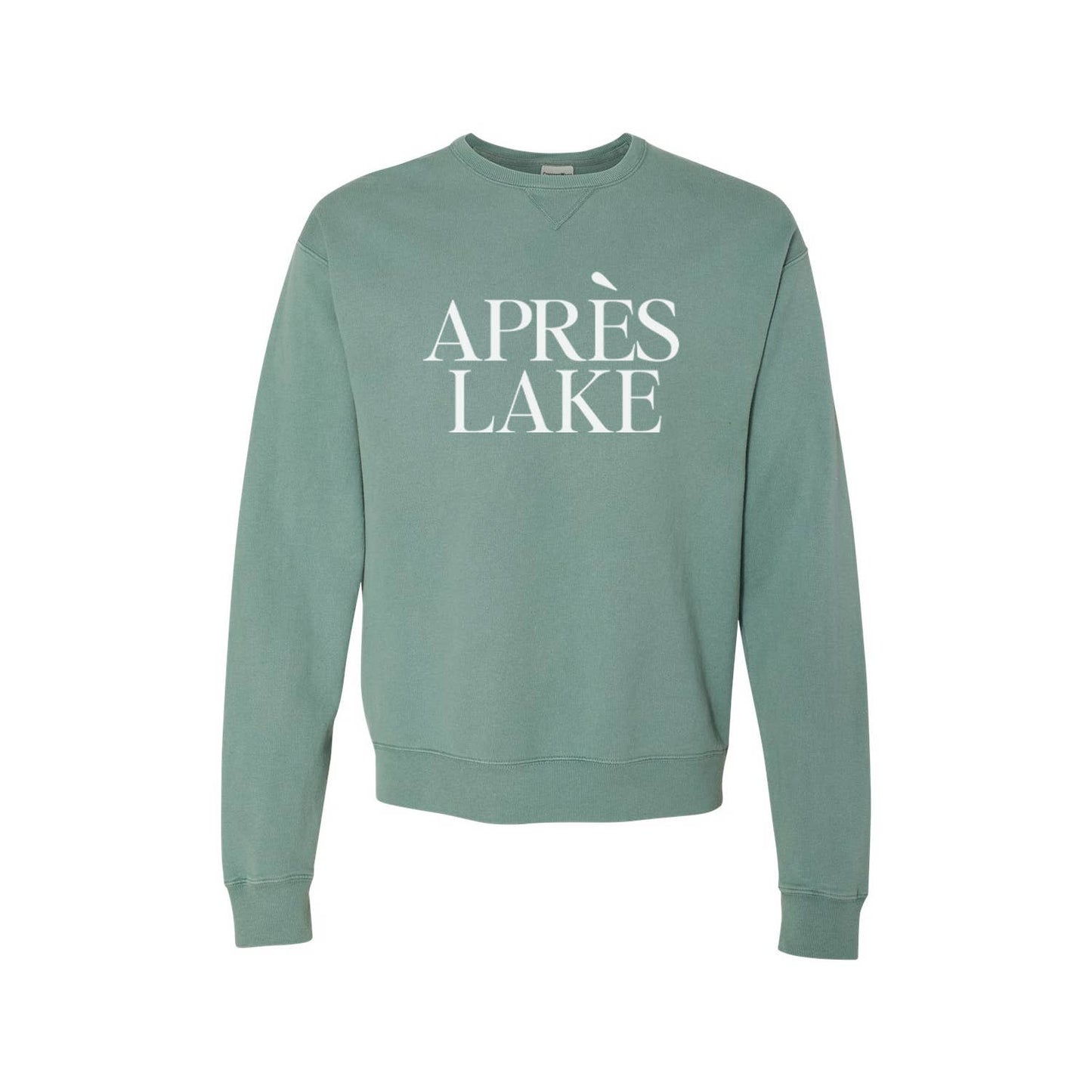 green 'APRèS LAKE' sweatshirt on white background