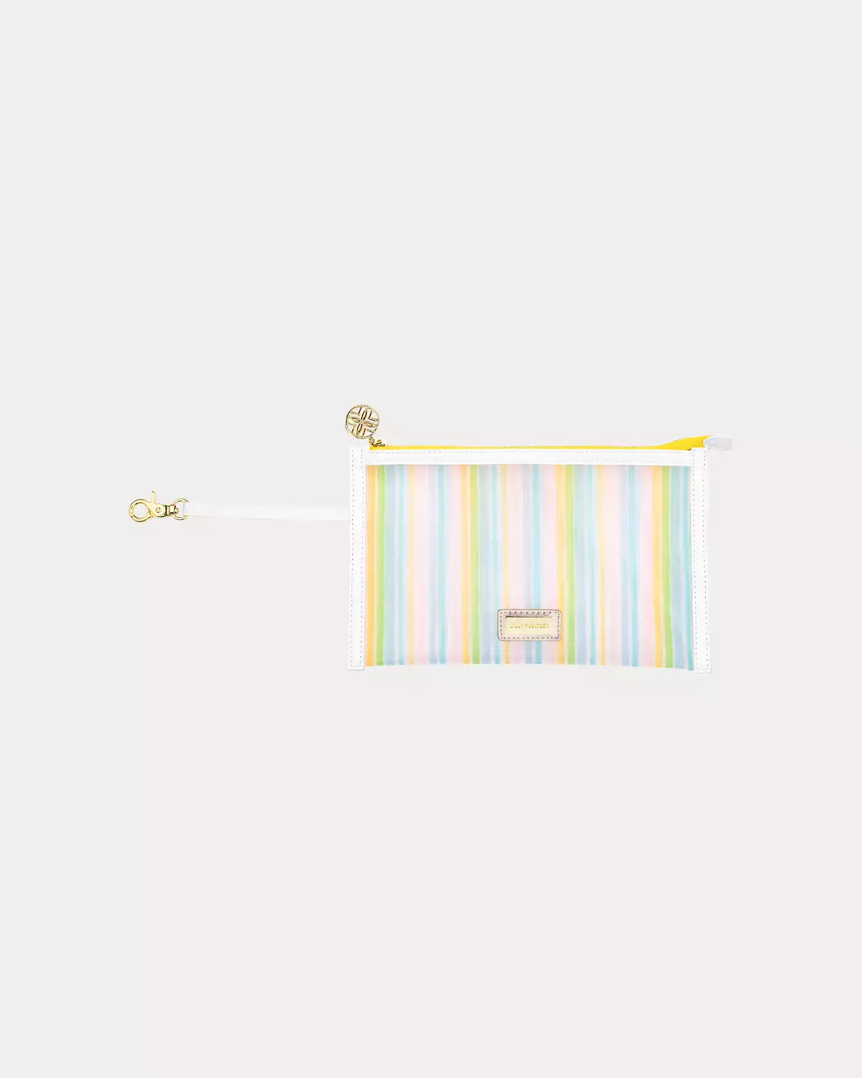 Striped pouch with a gold clasp on a light gray background