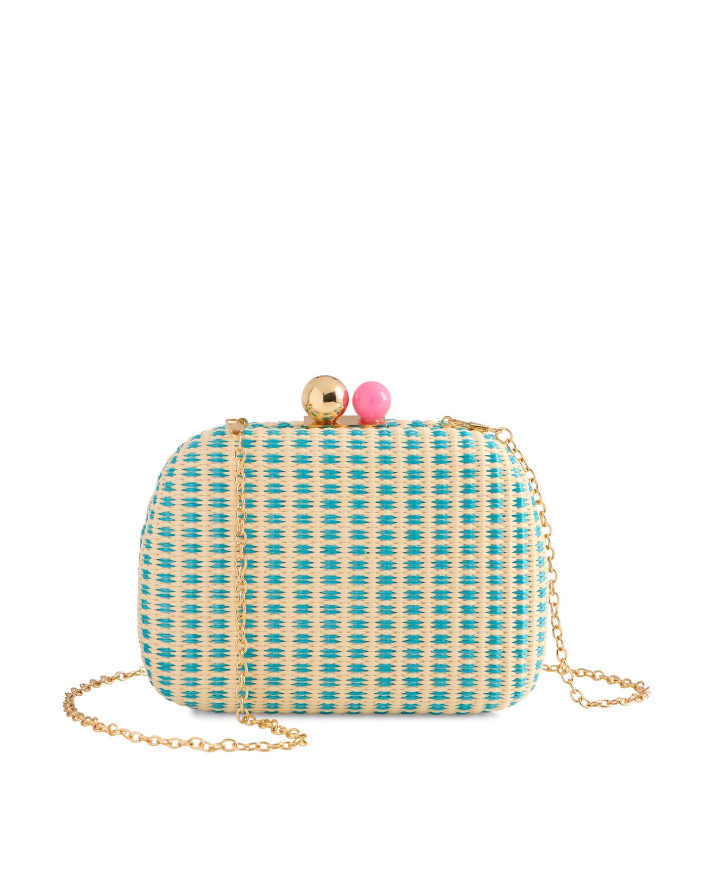 Teal woven clutch bag with gold chain on a white background