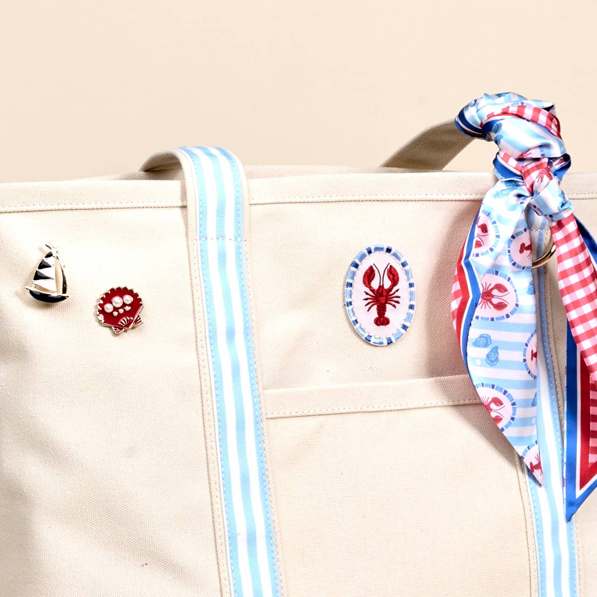 Beige bag with decorative ribbons and buttons on a beige background