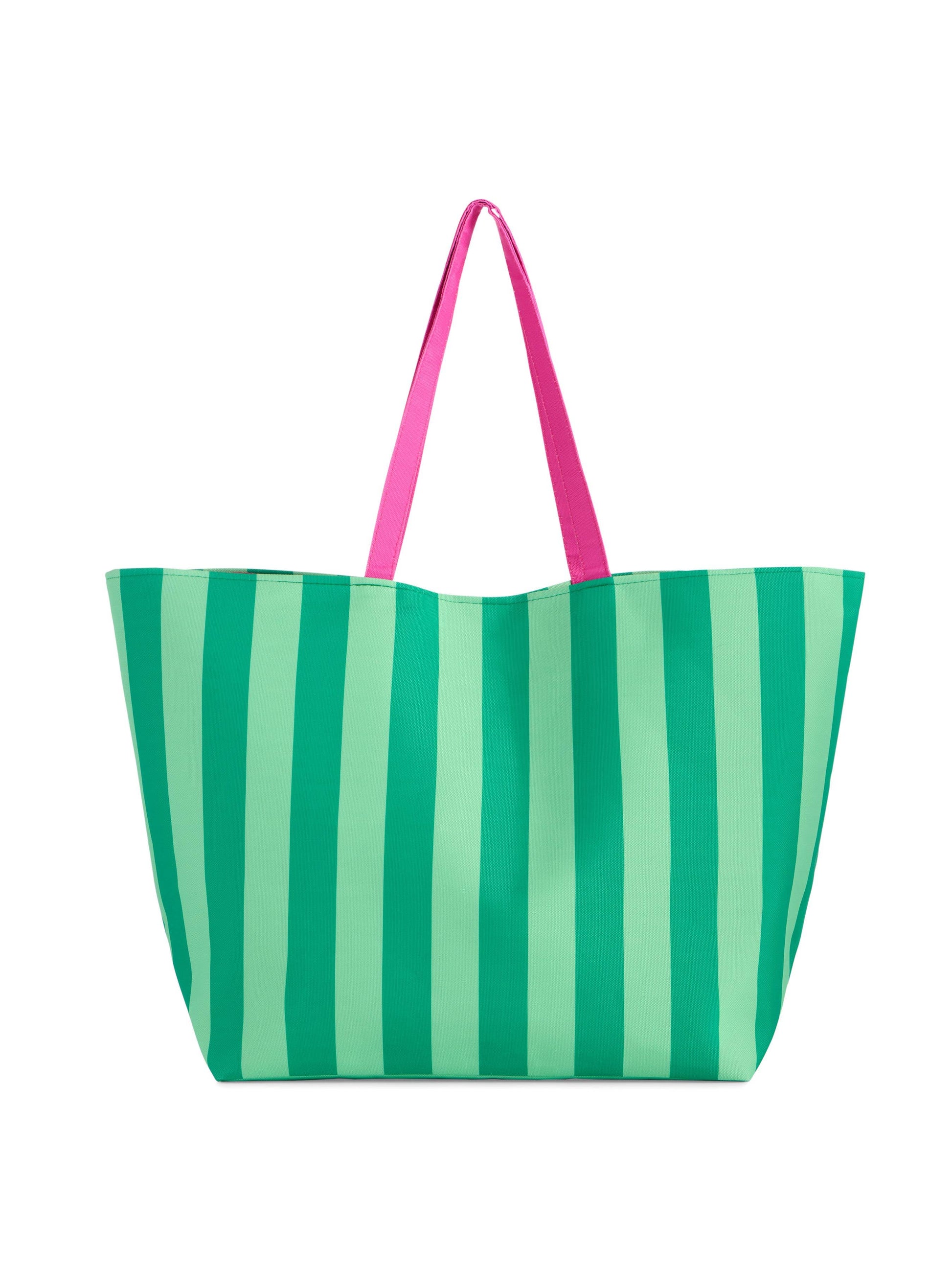 Green striped tote bag with pink handles on a white background
