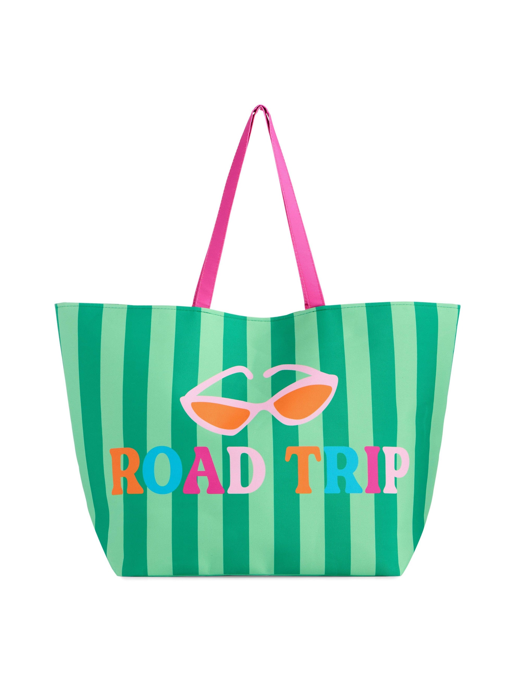 Striped tote bag with 'ROAD TRIP' text and sunglasses graphic on a white background
