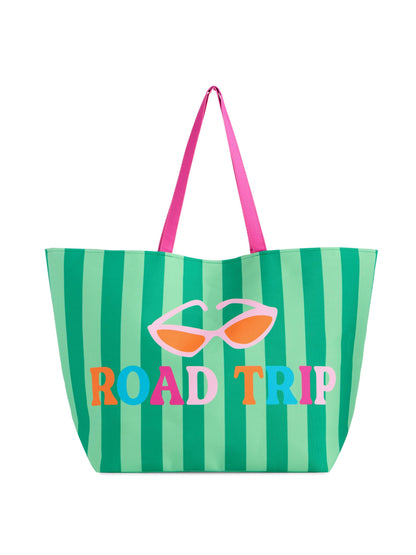 Striped tote bag with 'ROAD TRIP' text and sunglasses graphic on a white background