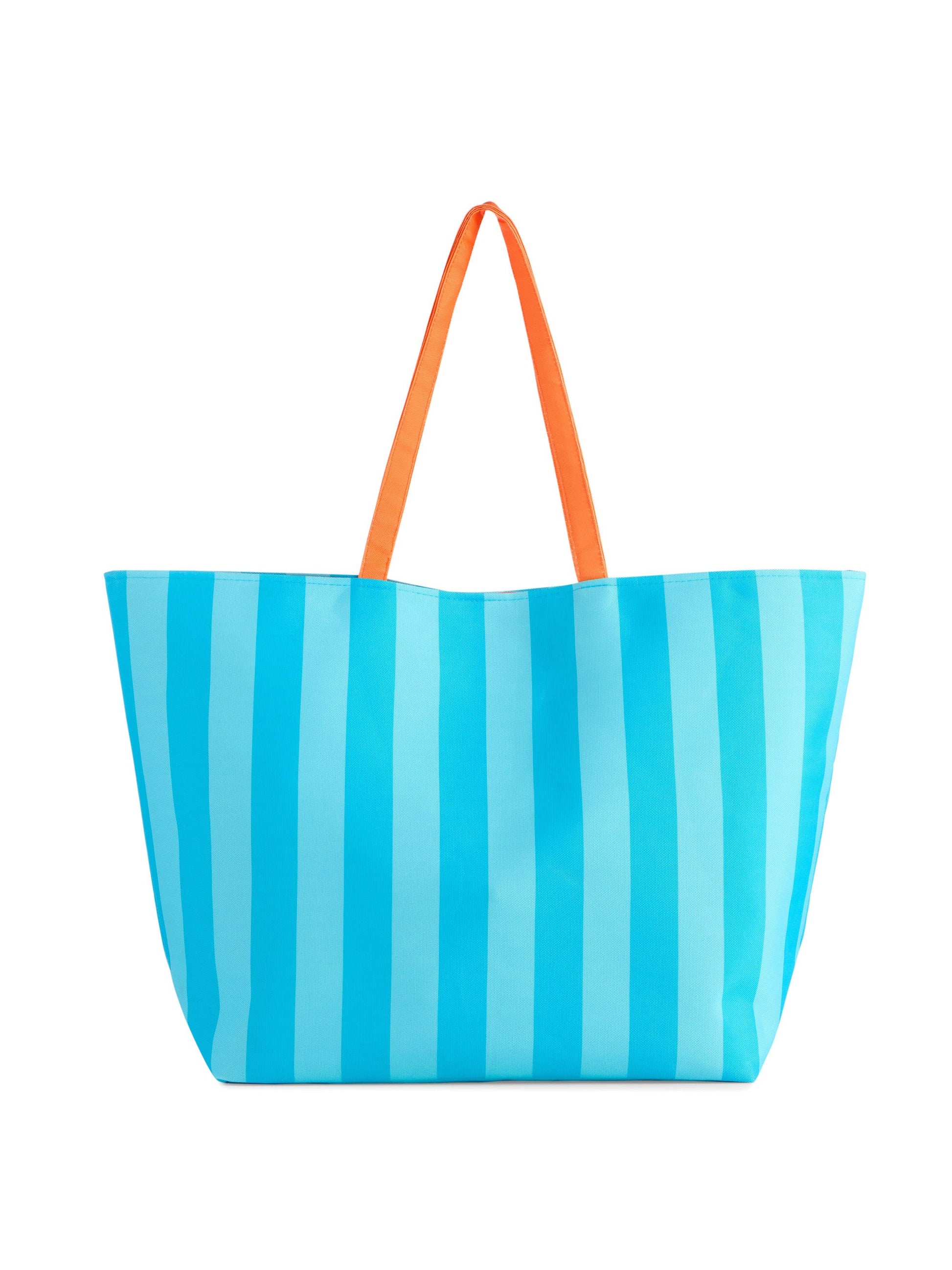 Blue striped tote bag with orange handle on a white background