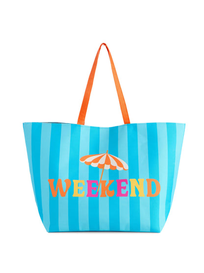 Striped beach bag with 'Weekend' text and orange handle on a white background