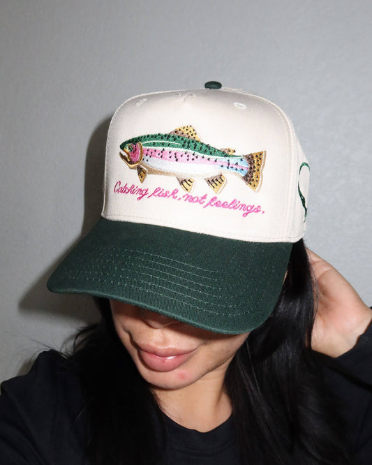 Person wearing a cap with a fish design and text on a plain background