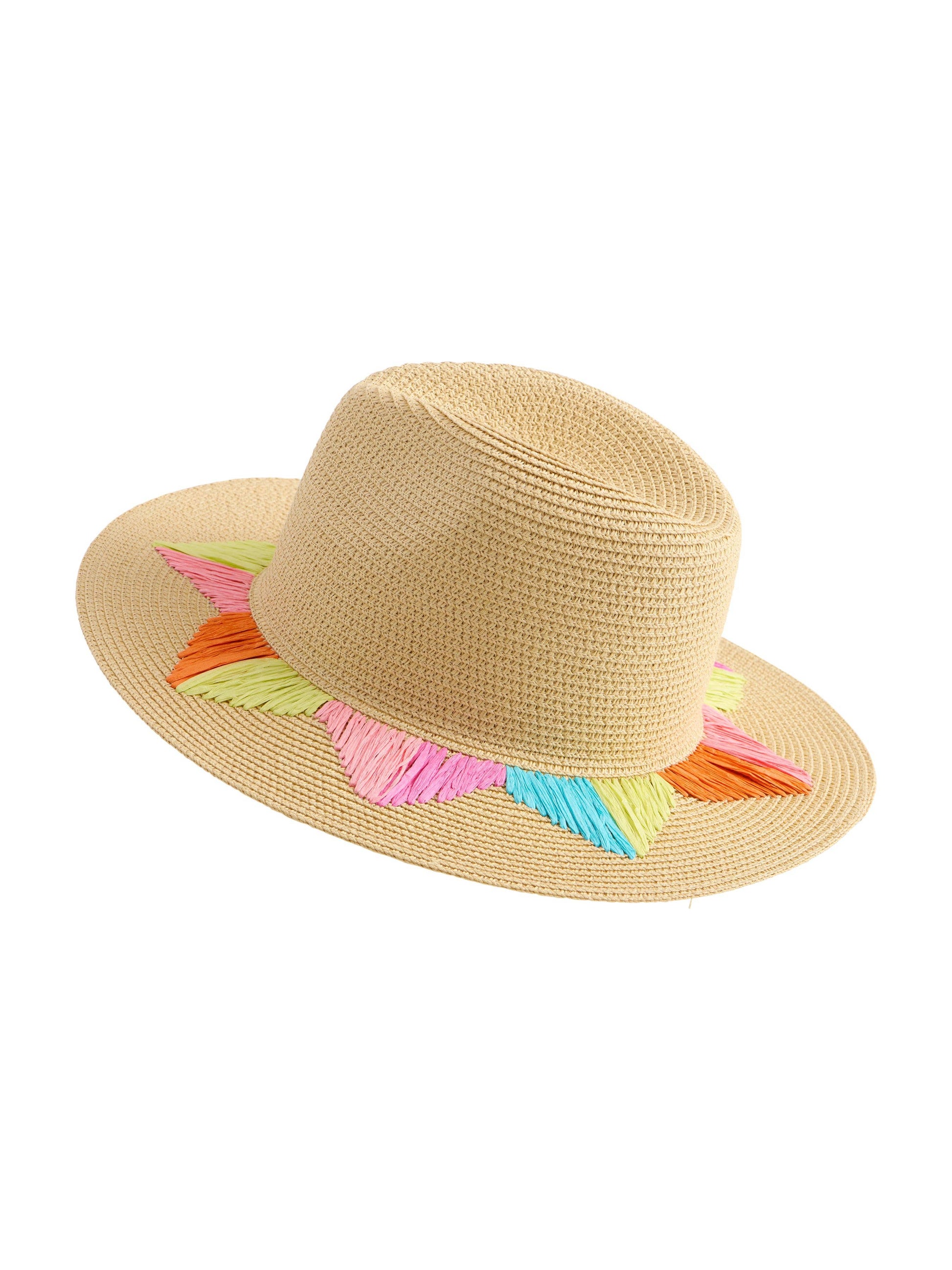 Beige straw hat with colorful fringe on a white background