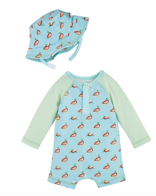 Children's rashguard swimsuit with long-sleeve top and hat featuring duck pattern on a light blue background