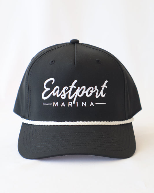 Black cap with white text on a white background