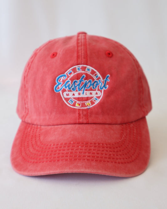 Red hat with a logo on a white background