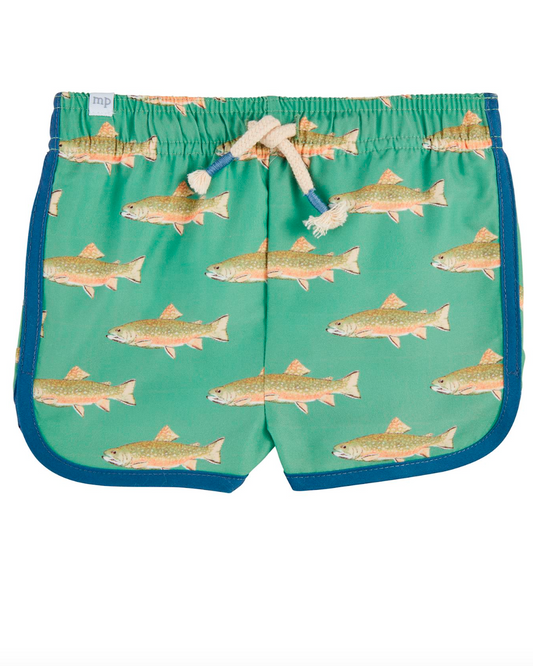 Green swim shorts with fish pattern on a white background