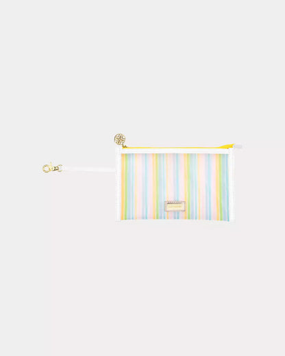 Striped pouch with a gold clasp on a light gray background