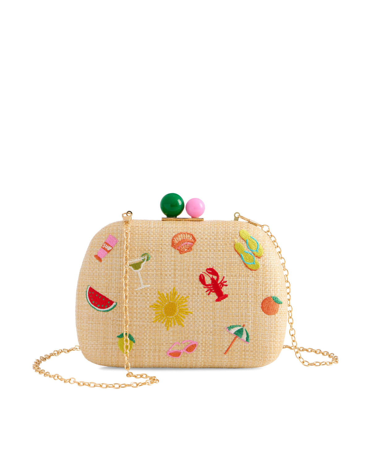 Woven handbag with colorful summer-themed decorations on a white background