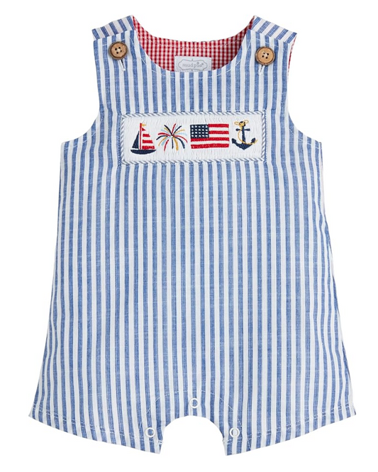 Blue and white striped romper with American flag and sailboat design on a white background