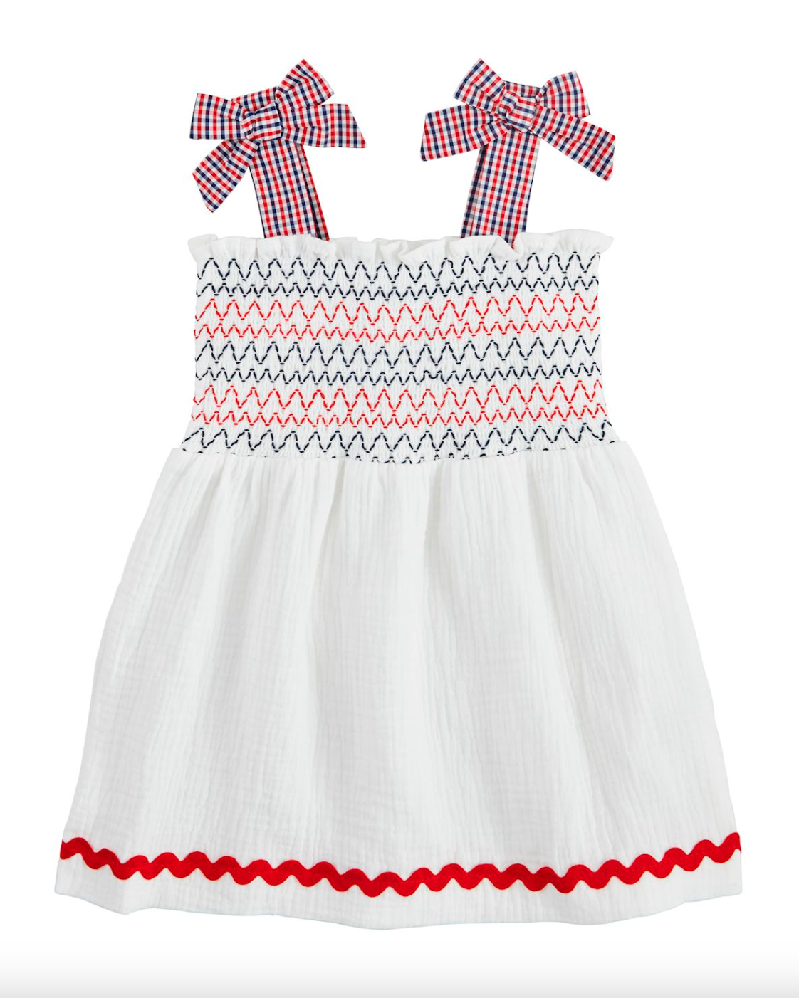 White dress with red and blue accents on a white background