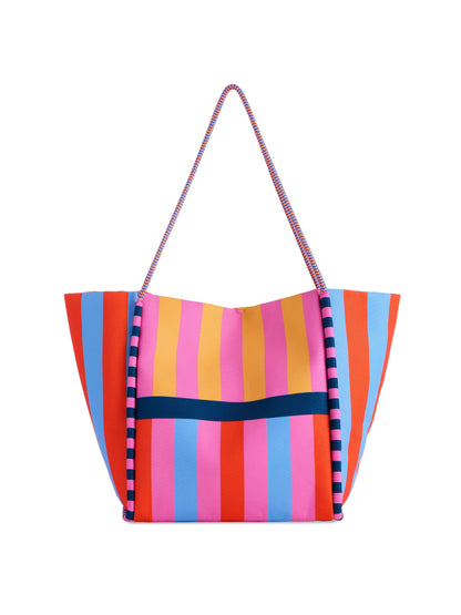 Colorful striped bag with a pink handle on a white background