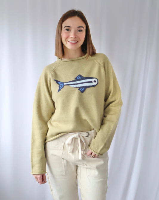 Person wearing a light green sweatshirt with a fish design on a white background