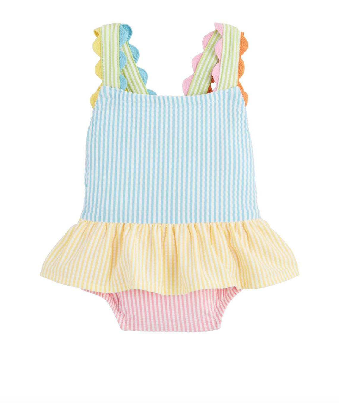 Colorful baby romper with ruffled details on a white background