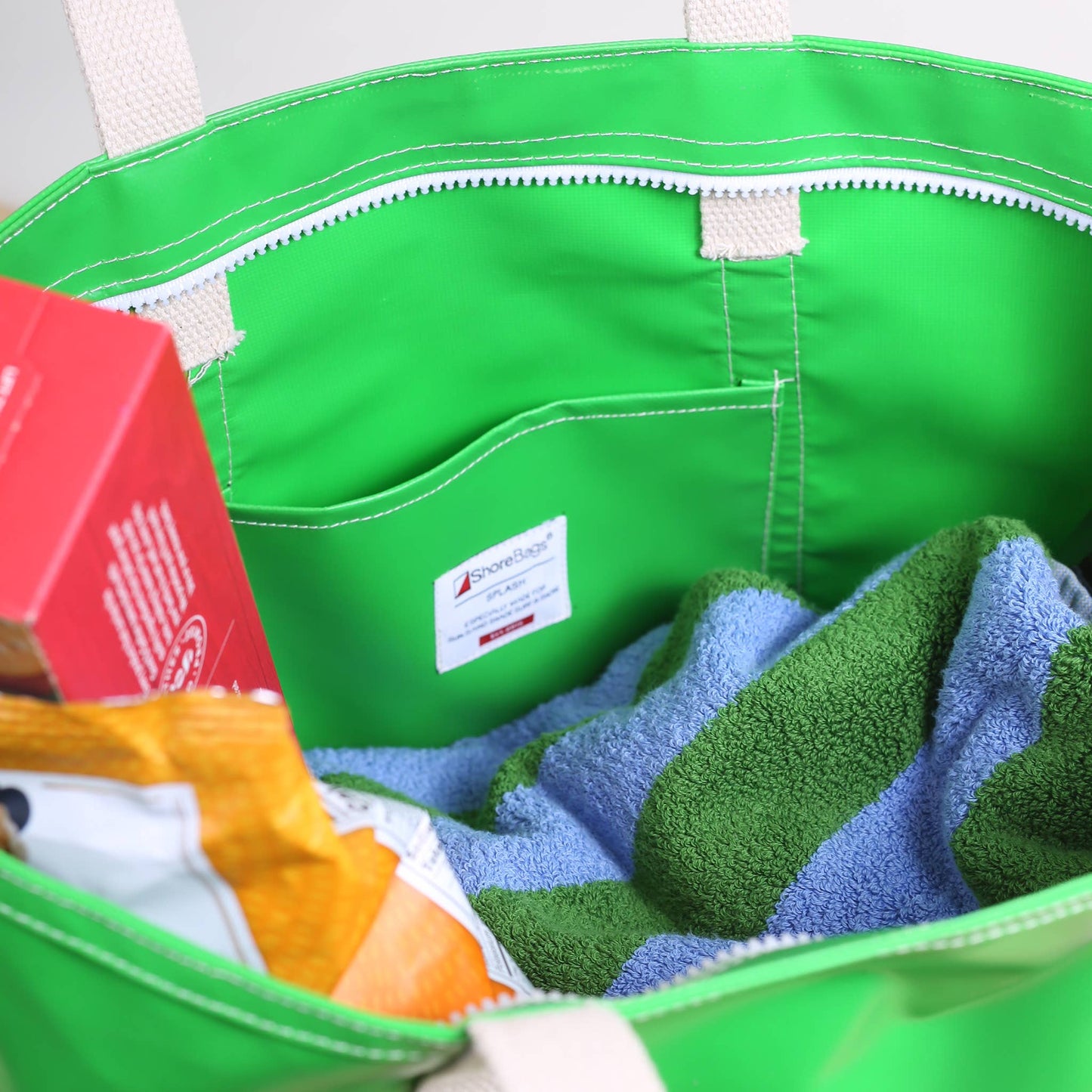 Green tote bag inside 